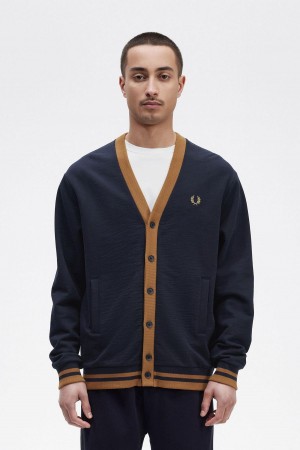 Navy Fred Perry Button Through Men's Sweatshirts | QCAWA67196