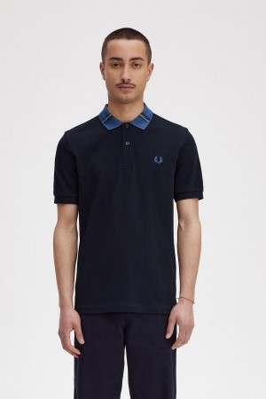 Navy Fred Perry Graphic Collar Polo Shirt Men's Polo Shirts | BCASO76503