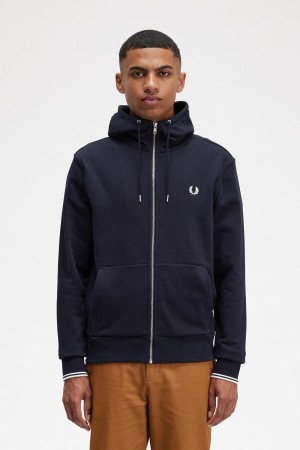 Navy Fred Perry Hooded Zip Through Men's Sweatshirts | QCAWA85421