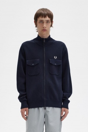 Navy Fred Perry Knitted Track Jacket Men's Knitwear | CAQCS80959