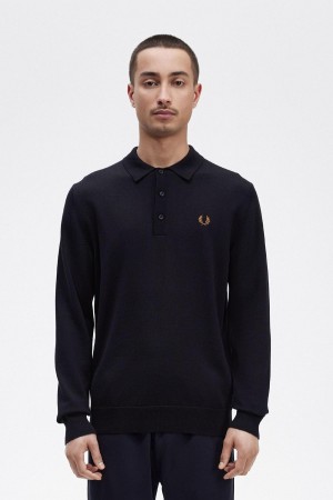 Navy Fred Perry Long Sleeve Knitted Shirt Men's Knitwear | GCAEC23193