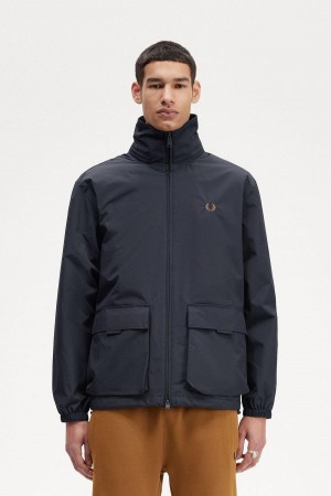 Navy Fred Perry Patch Pocket Zip Through Men's Coats | ZCAMJ89344