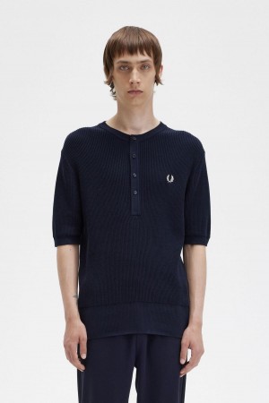 Navy Fred Perry Ribbed Knitted Henley Top Men's Knitwear | LCASX77187