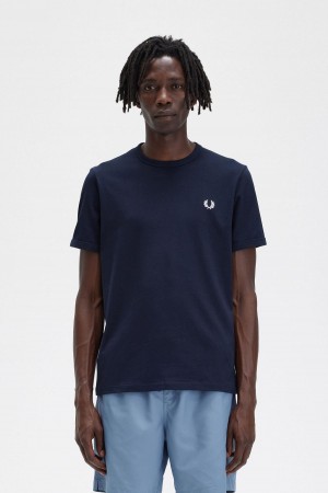 Navy Fred Perry Ringer Men's T Shirts | DCAVO49132