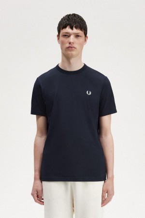 Navy Fred Perry Tape Detail Men's T Shirts | CAXMI65465