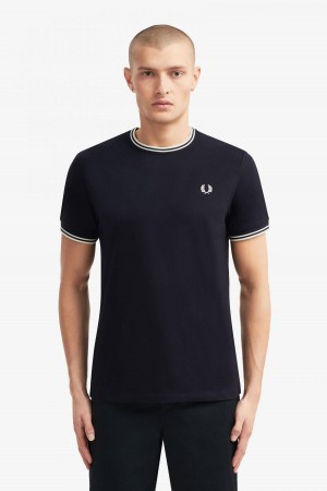 Navy Fred Perry Twin Tipped Men's T Shirts | ACADF50481