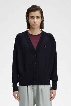 Navy Fred Perry V-Neck Cardigan Women's Knitwear | MCAHR75711