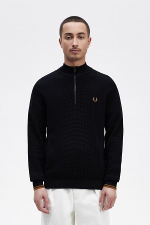 Navy Fred Perry Waffle Stitch Half Zip Jumper Men's Knitwear | ACADF19280