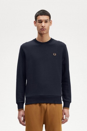 Navy / Dark Caramel Fred Perry Crew Neck Men's Sweatshirts | CADFL50974