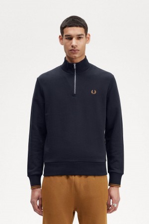 Navy / Dark Caramel Fred Perry Half Zip Men's Sweatshirts | CADFL49223