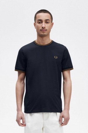 Navy / Dark Caramel Fred Perry Twin Tipped Men's T Shirts | CADYB53035