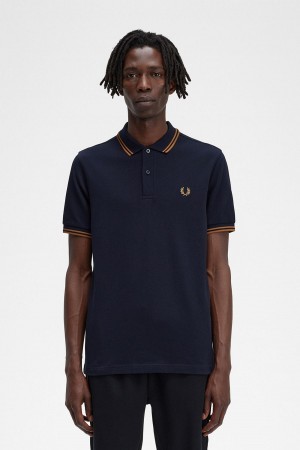 Navy / Dark Caramel / Dark Caramel Fred Perry M3600 Men's Polo Shirts | GCAUC62919