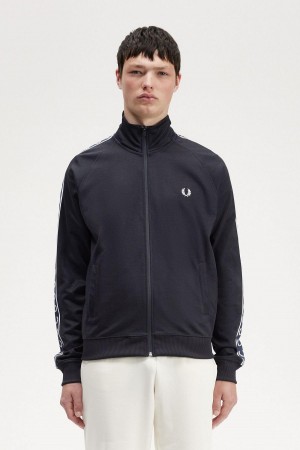 Navy / Navy Fred Perry Contrast Tape Men's Track Jackets | XCABH32765