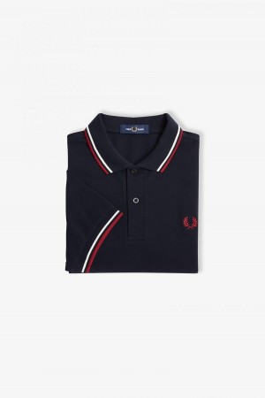 Navy / Snow White / Burnt Red Fred Perry M3600 Men's Fred Perry Shirt | FCAHY86921