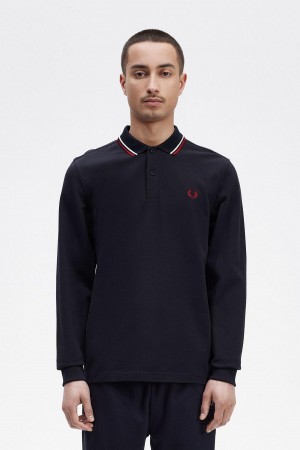 Navy / Snow White / Burnt Red Fred Perry M3636 Men's Polo Shirts | LCATR40354