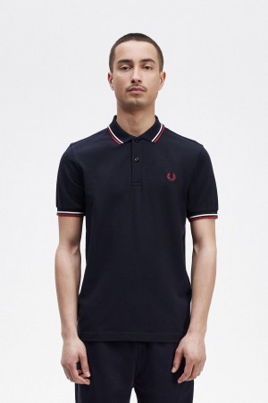 Navy / Snow White / Burnt Red Fred Perry M3600 Men's Polo Shirts | UCAND17816