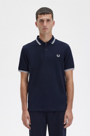 Navy / White / White Fred Perry M3600 Men's Polo Shirts | ZCANQ17226