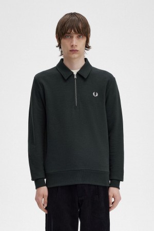 Night Green Fred Perry Zip Neck Collar Men's Sweatshirts | CAEAH86379