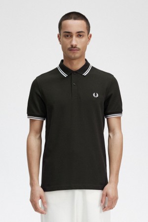 Night Green / Snow White / Snow White Fred Perry M3600 Men's Polo Shirts | ECAHC19963