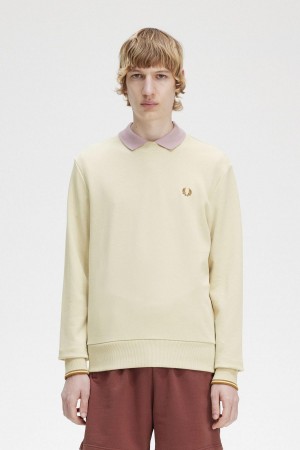 Oatmeal Fred Perry Crew Neck Men's Sweatshirts | ZCAMJ85233