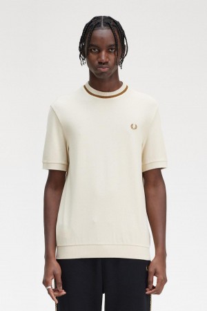 Oatmeal Fred Perry Crew Neck Piqué Men's T Shirts | CADYB45290