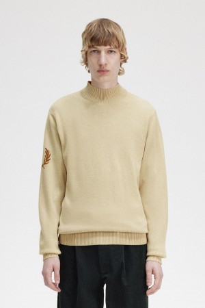 Oatmeal Fred Perry Laurel Wreath Mock Neck Jumper Men's Knitwear | LCASX48213