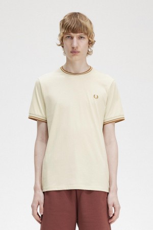 Oatmeal Fred Perry Twin Tipped Men's T Shirts | ACAWC57880