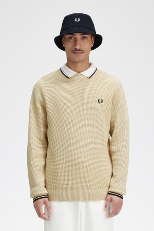 Oatmeal Fred Perry Waffle Stitch Jumper Men's Knitwear | TCAPQ60781