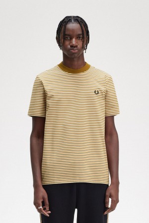 Oatmeal / Dark Caramel Fred Perry Fine Stripe Heavyweight Men's T Shirts | ACADF45526