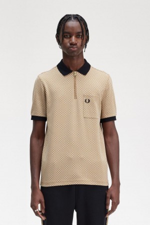 Oatmeal / Dark Caramel Fred Perry Micro Chequerboard Polo Shirt Men's Polo Shirts | MCAFT50148