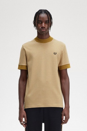 Oatmeal / Dark Caramel Fred Perry Micro Chequerboard Men's T Shirts | DCAVO77673