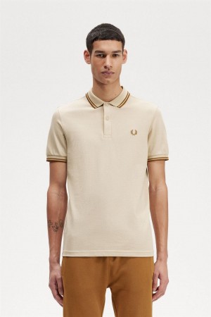 Oatmeal / Dark Caramel / Dark Caramel Fred Perry M3600 Men's Polo Shirts | CAQCS66585