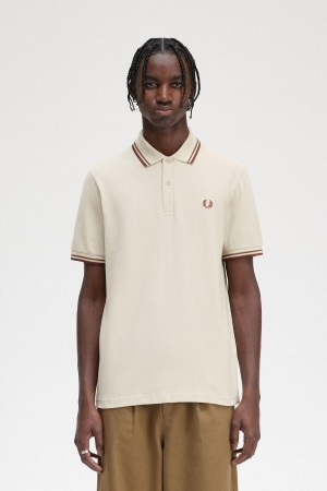 Oatmeal / Dark Caramel / Whisky Brown Fred Perry M12 Men's Polo Shirts | YCAGT51017