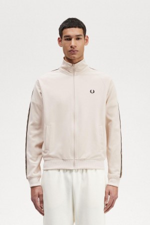 Oatmeal / Shaded Stone Fred Perry Contrast Tape Men's Track Jackets | LCATR30146