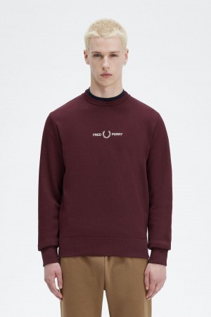 Oxblood Fred Perry Embroidered Men's Sweatshirts | CADFL10342