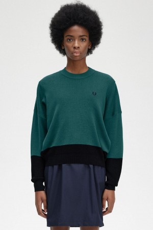 Petrol Blue Fred Perry Colour Block Jumper Women's Knitwear | MCAFT52879