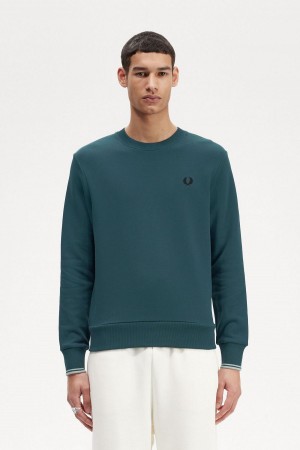 Petrol Blue Fred Perry Crew Neck Men's Sweatshirts | ECAVG99683