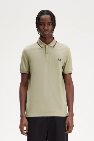 Seagrass / Light Rust / French Navy Fred Perry M3600 Men's Polo Shirts | DCAKV44039