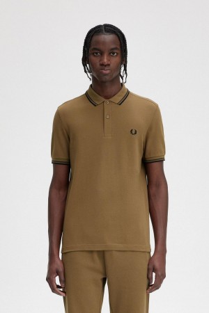 Shaded Stone / Burnt Tobacco / Black Fred Perry M3600 Men's Polo Shirts | ECAHC52169