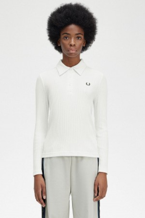 Snow White Fred Perry Long Sleeve Ribbed Women's Polo Shirts | ECAHC24705