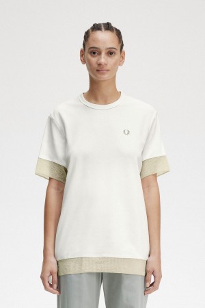 Snow White Fred Perry Sheer Trim Piqué Women's T Shirts | CAJZR71656