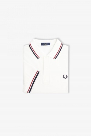 Snow White / Burnt Red / Navy Fred Perry M3600 Men's Fred Perry Shirt | ZCANQ48623