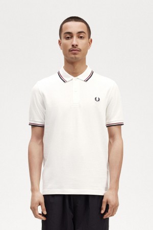 Snow White / Burnt Red / Navy Fred Perry M3600 Men's Polo Shirts | CAEGJ41424