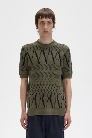 Uniform Green Fred Perry Argyle Panel Knitted T-Shirt Men's Knitwear | GCAEC44414