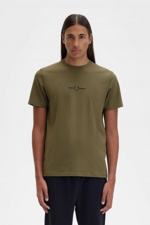 Uniform Green Fred Perry Embroidered Men's T Shirts | CAJVR75257