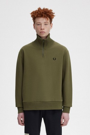 Uniform Green Fred Perry Knitted Trim Zip Neck Men's Sweatshirts | QCAUV69045