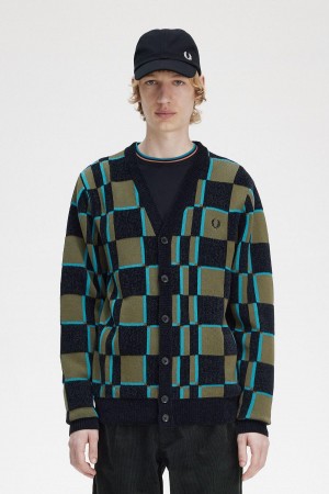 Uniform Green / Black Fred Perry Glitch Chequerboard Cardigan Men's Knitwear | DCAVO66092