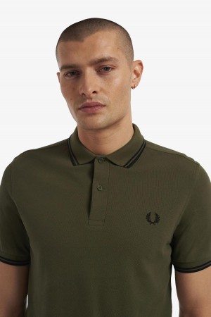 Uniform Green / Black / Black Fred Perry M3600 Men's Polo Shirts | TCAPQ46201