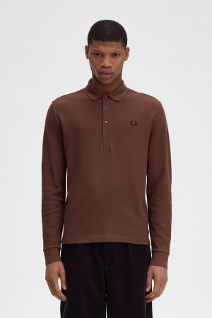 Whisky Brown Fred Perry Honeycomb Cotton Long Sleeve Polo Shirt Men's Polo Shirts | TCAWZ51533