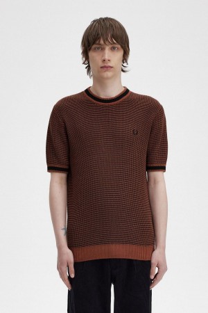 Whisky Brown Fred Perry Textured Knitted T-Shirt Men's Knitwear | CAJBT10522